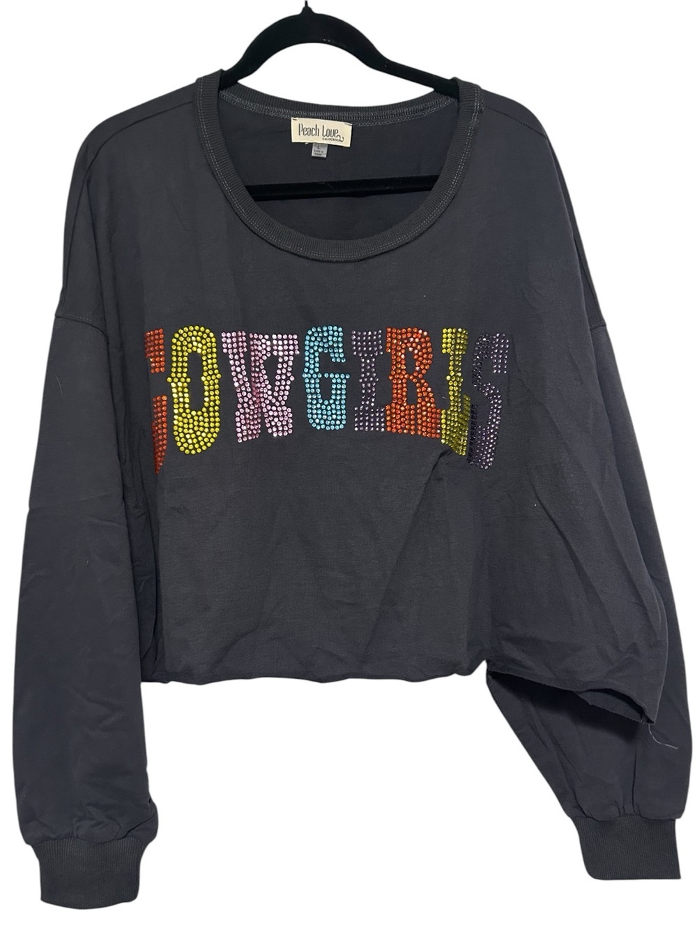 Peach Love California Cowgirls Cropped Sweatshirt Charcoal Grey Beaded Boho L